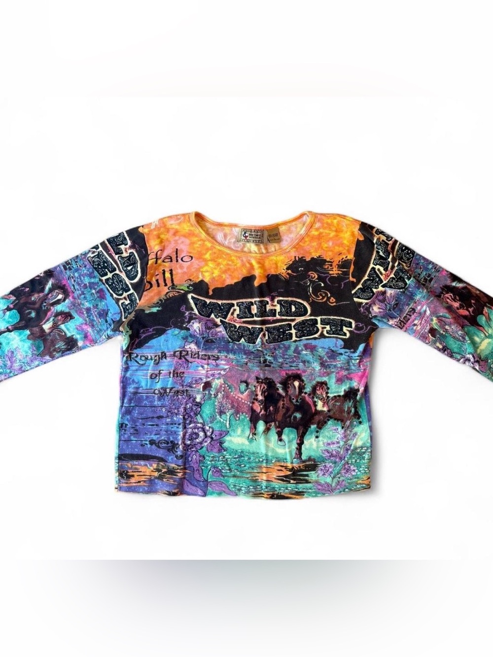 “Don’t Mess with Texas” Buffalo Bill Wild West Horse Graphic Top L Vtg y2k